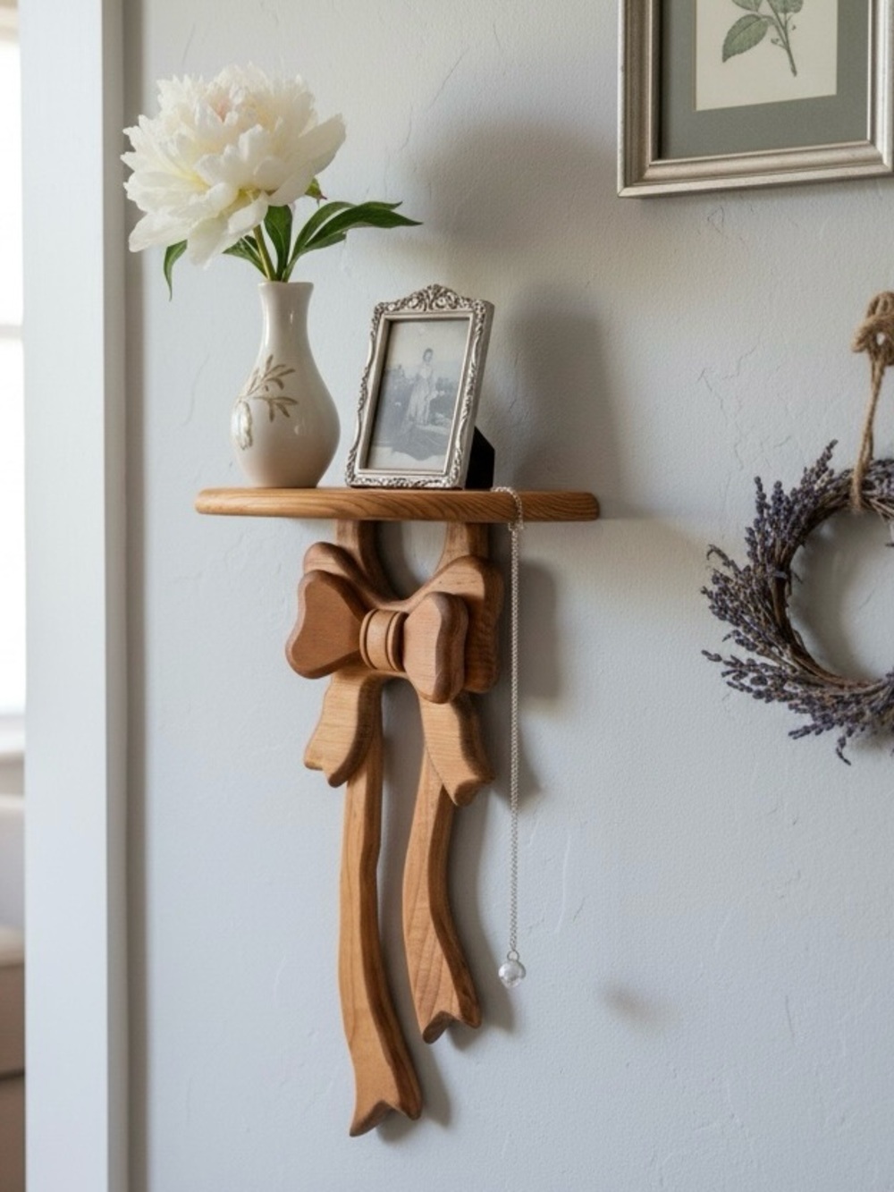 Vtg Hand Crafted Wooden Bow Wall Shelf Country Farmhouse Cottage Wood